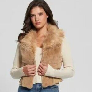 NWT Guess Women Khaki Tan Multi Emma Faux-Fur Vest XS